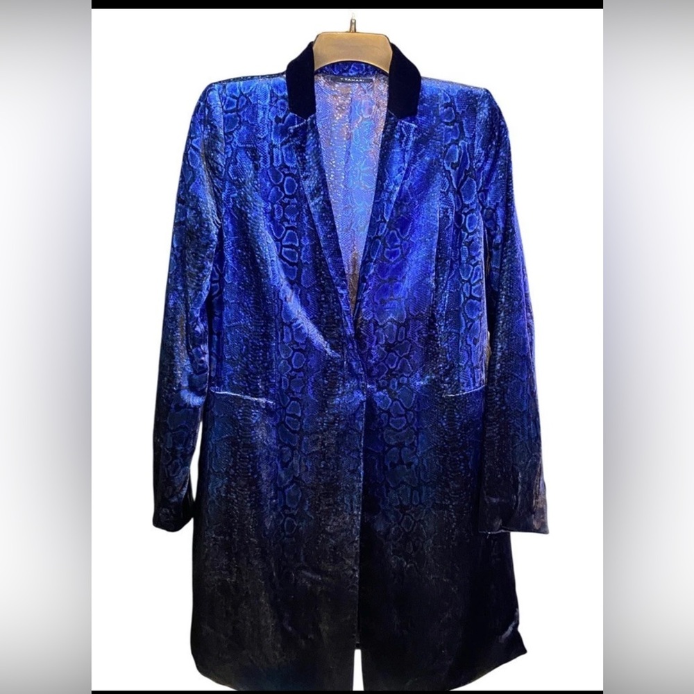 ELIE TAHARI OMBRE VELVET ANIMAL PRINT SMOKING JACKET BLAZER DUSTER ROYAL BLUE S